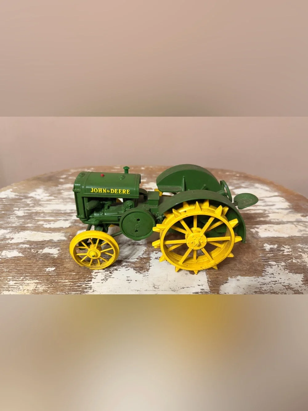 John Deere Green and Yellow Cast Metal Tractor Toy with Spoked Wheels
